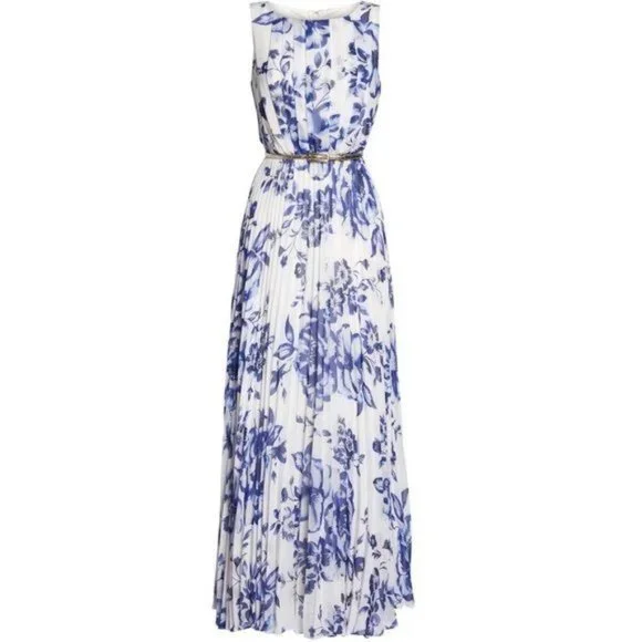 NWT Eliza J Pleated Floral Sleeveless Chiffon Belted Maxi Dress Cobalt Blue 18 - Picture 4 of 11